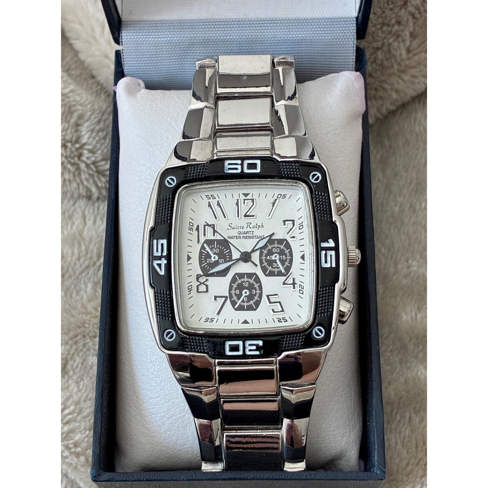 Vintage Suisse Ralph Quartz Chronograph Men's Watch Silver Tone w/ Box